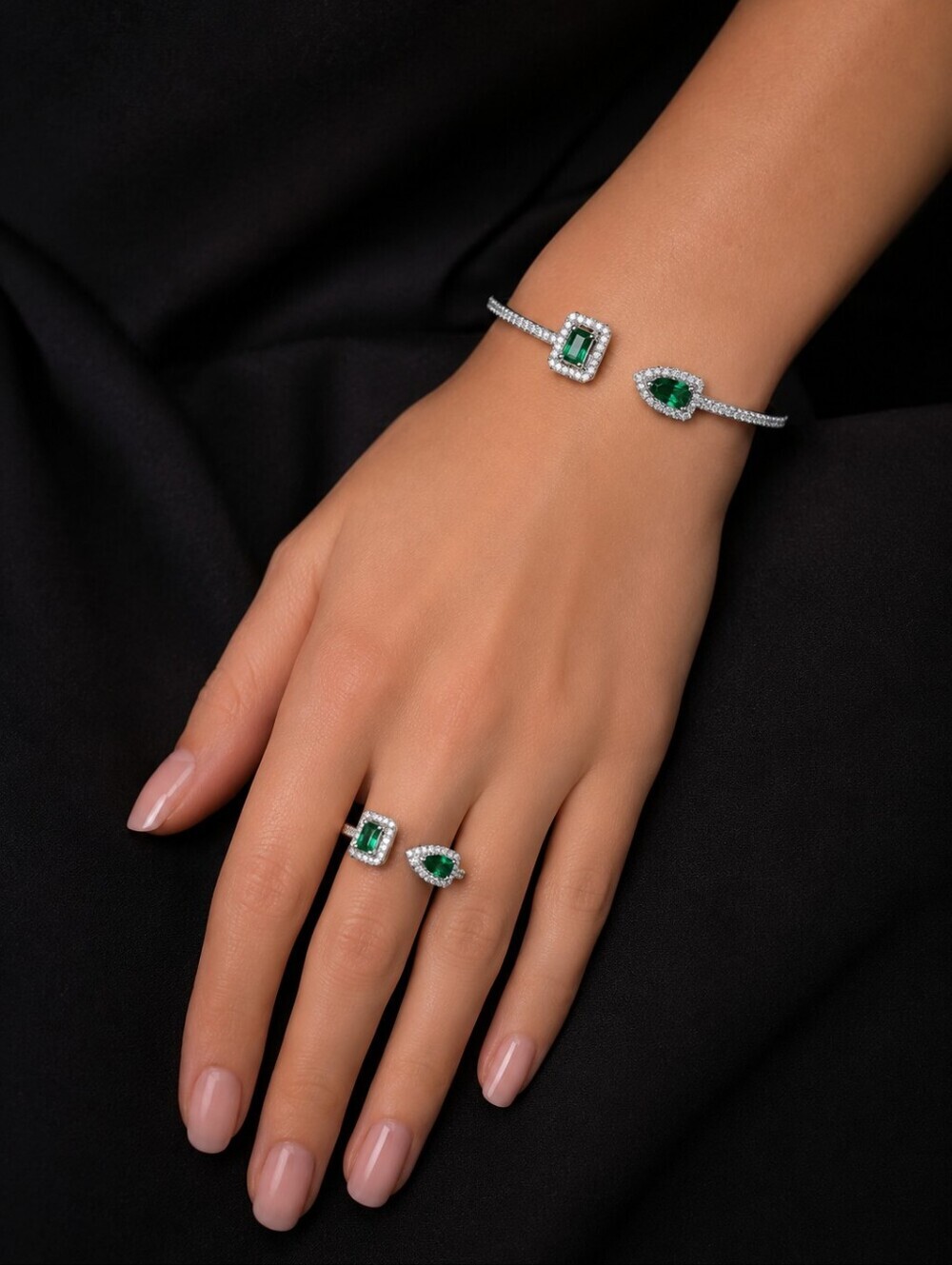 Elegant Emerald Open Cuff Bracelet & Adjustable Ring Set |Silver Tone CZ Jewelry